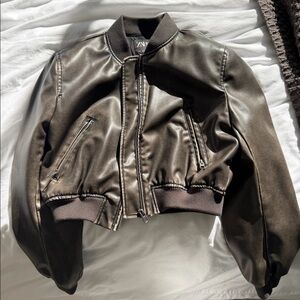 Zara brown leather bomber jacket